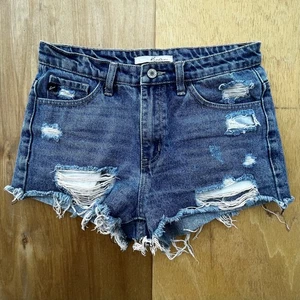 KANCAN HIGH RISE DENIM SHORTS WOMEN’S sz 8 Blue Destructed Frayed Hem - Picture 1 of 10