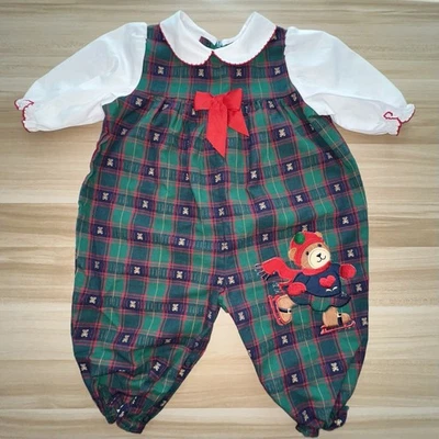 VTG Plaid Christmas Bubble Romper One Piece Baby Girl 6-9M Allison Ann Applique - Image 1 of 4
