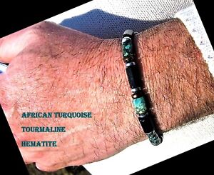 Men Bracelet African TURQUOISE Onyx Tourmaline Obsidian Lava. Healing stone