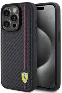 Genuine Ferrari Leather Carbon Vertical Red Line Impact Case iPhone 15 Pro Max - Picture 1 of 6
