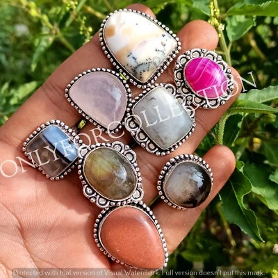 Оптовый лот колец с дендритовым опалом и смешанными драгоценными камнями покрытие серебро 925 пробы - Изображение 1 из 3
