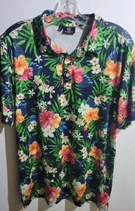 Greenside Poloshirt Herren mittelblau Golf Performance Stretch Blumen Hawaii - Bild 1 von 3