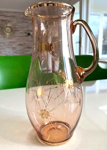 Vintage Pink Glass Water Jug Pitcher with Gold Stars & Gold Rim - Picture 1 of 9