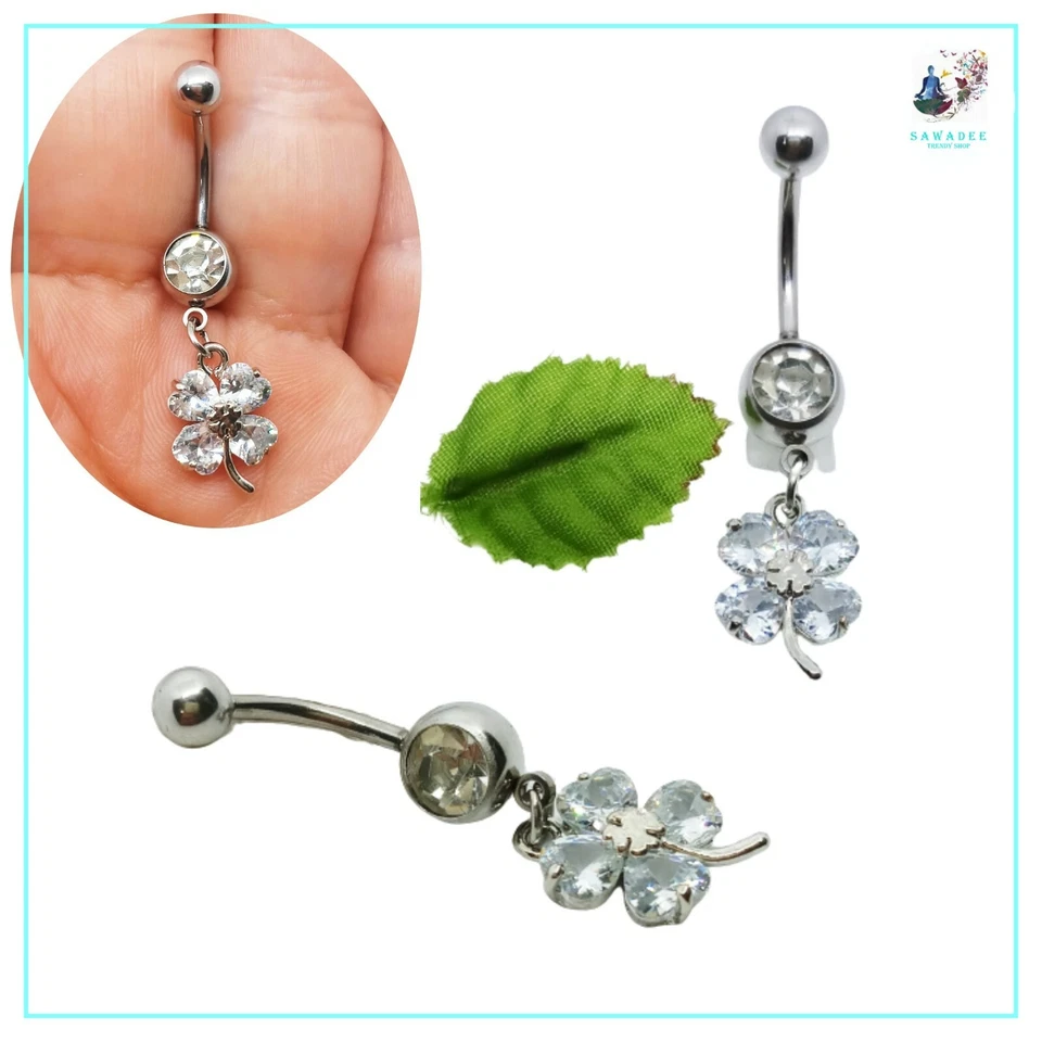 Piercing da ombelico banana in acciaio con quadrifoglio argento zirconi bianchi - Immagine 1 di 4