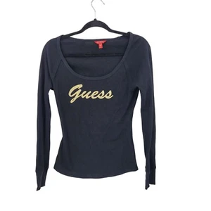 Y2K Guess Black Long-Sleeve Thermal Knit Top Womens Sz M Gold Rhinestone Logo - Picture 1 of 12