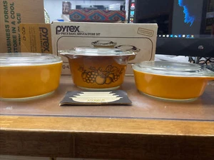 Vintage PYREX Old Orchard 3-Piece Serve & Store Set #470-47 OPEN BOX (On Shelf) - Picture 1 of 12