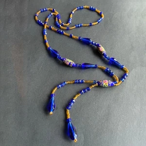 *Vintage Wedding Cake Beads Royal Blue and Yellow Glass Beads Necklace Two Drops - Picture 1 of 7