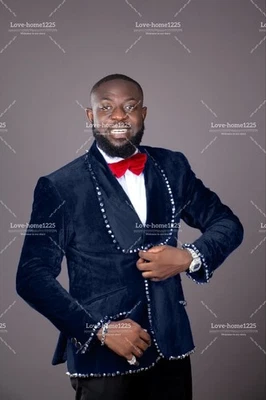 Traje de terciopelo para hombre estrás graduación chal solapa noche banquete esmoquin chaqueta 2 piezas Foto 1 de 4