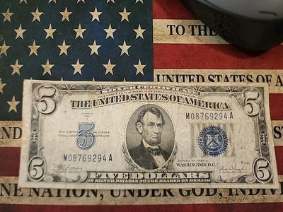 1934 C $5 M/A Block Blue Seal Silver Certificate M08769294A US Bank Note - Image 1 of 4