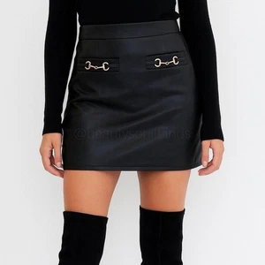 7 For All Mankind braun Kunstleder vegan Minirock Gold Hardware Medium Neu mit Etikett - Bild 1 von 5