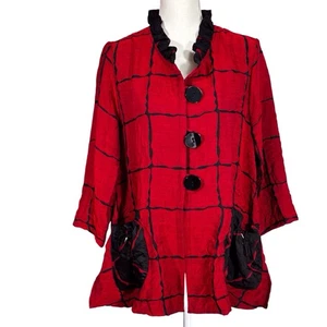 Ali Miles Crinkle Tunic Top Red Black Abstract Size Medium Ruffle Collar Button - Picture 1 of 9