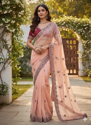 Blusa India Bollywood Suave Seda Sari Boda Fiesta Ropa Sari Con Puntada Completa Foto 1 de 4