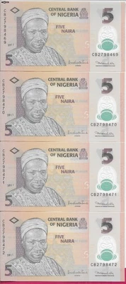 NIGERIA 5 NOTES 5 NAIRA 2011 UNC CB,LEFT TOP CORNER CUT.ALL IN SEQUENCE,NKPOKITI - Image 1 of 4