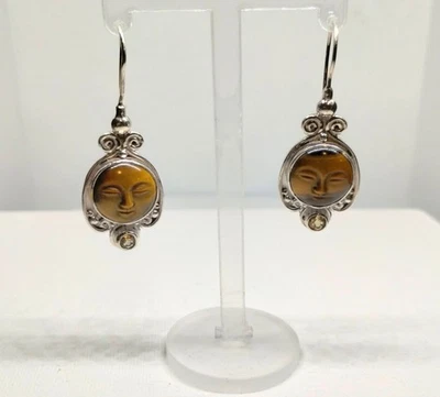 Pendientes Sajen ojo de tigre y citrino tallados redondos diosa luna plata de ley  Foto 1 de 4