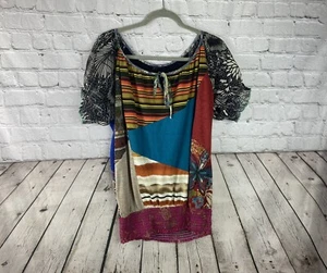 Shop Therapy Womens M/L Multi Pattern Hippie Boho Festival Short Sleeve Top EUC - Picture 1 of 7