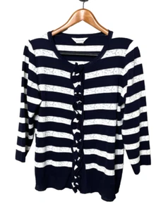 Exclusivamente Misook Talla L Top Chaqueta Camisa Encaje Volantes A Presión Azul Marino Rayas Náutica - Imagen 1 de 11