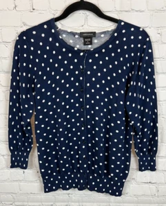 LORD & TAYLOR blue white polka dot cotton knit 3/4 sleeve cardigan sweater L - Picture 1 of 4