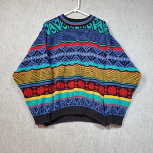 Eleven Paris Sweater Mens XL Black Geo Print Pan Wool Coogi Style Pullover Vtg - Picture 1 of 7