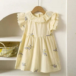 New Kids Dresses Girls Summer Khaki Embroidered Ruffle Edge Dress Sleeveless Lac - Picture 1 of 8