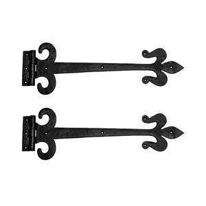 Black Wrought Iron Door Strap Hinge 18" L Fleur De Lis Rust Resistant Pack of 2 - Picture 1 of 8
