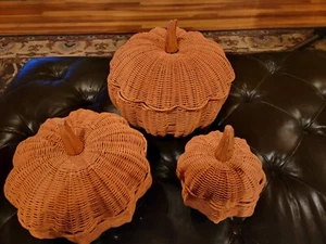 Set of 3 - Wicker/Woven Nesting Pumpkins Baskets-Fall Decor Halloween - Picture 1 of 9