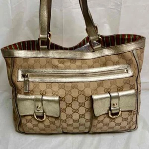 Vintage Gucci Brown Mono Large Shoulder Bag with Metallic Trim and Strap - Picture 1 of 12