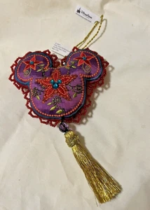 Disney Parks Mickey Mouse Head Bohemian Beaded Purple Satin Ornament New Tags - Picture 1 of 6