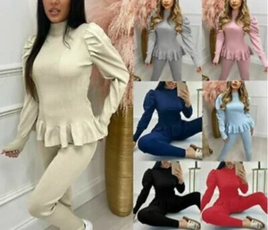 Ladies Womens Long Sleeve Peplum Hem Ribbed Top Bottom Lounge Set Tracksuit - Picture 1 of 6