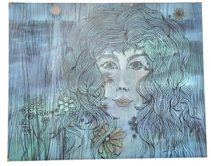 Vintage C. Cory Art Original Blue Lady, Eyes, Flowers - Picture 1 of 19