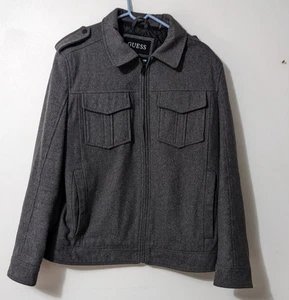 Guess Men's Light Gray Wool-Blend Insulated Military Quilted Coat Jacket Sz L - Picture 1 of 7