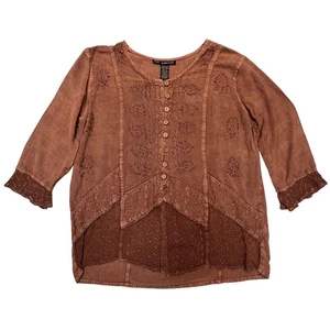 Mlle Gabrielle Brown Embroidered Bohemian Peasant Button Front Tunic Top Size 1X - Picture 1 of 7