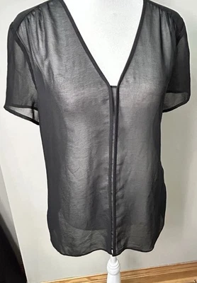 Chelsea28 Womens Blouse Black Short Cap Sleeve V-Neck Sheer Pullover Size S - Image 1 of 4