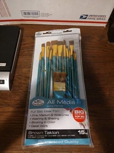 15pc Long Handle, Brown Taklon All Media Paint Brush Set - Picture 1 of 2