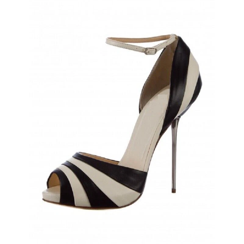 Женщин черно-белый Stiletto каблуки платье выпускного вечера туфли заглянуть носок лодыжки ремень насосы - Изображение 1 из 4