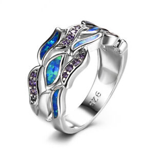 Exquisite Blue Simulated Opal Ring Silver Wedding Jewelry Gift Size 7#