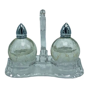 Antique Crackle Glass Salt & Pepper Shakers Carry Stand Handle W/ Repaired Crack - Imagen 1 de 11