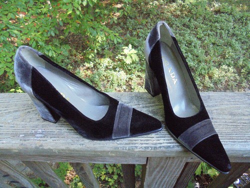 Scarpe Prada donna 6 6 1 2 nero grigio velluto tacchi alti 3 7 8" pompa tacco a blocco