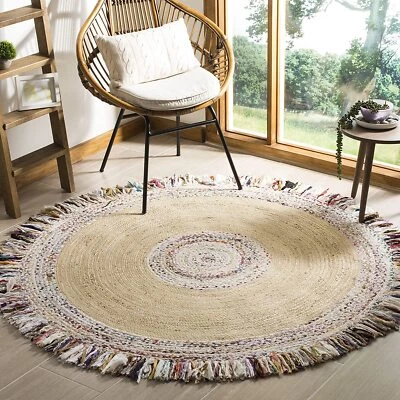 Round Jute Rug Christmas Gift Jute and Cotton Circle Design Handmade Rug - Image 1 of 4