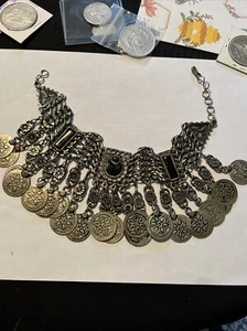 Vintage Sterling and Black Onyx Ethnic Tribal Necklace - Picture 1 of 13
