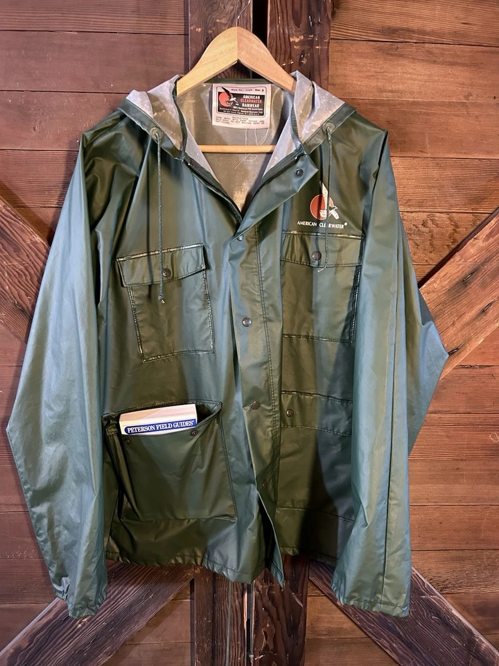 Chaqueta de lluvia vintage americana Clearwater impermeable verde abrigo con capucha Foto 1 de 4