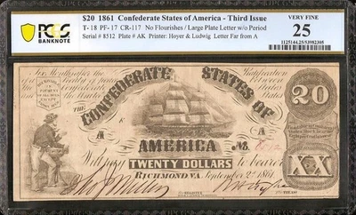 1861 $20 CONFEDERATE STATES CURRENCY CIVIL WAR CSA NOTE PAPER MONEY T-18 PCGS 25 - Image 1 of 2