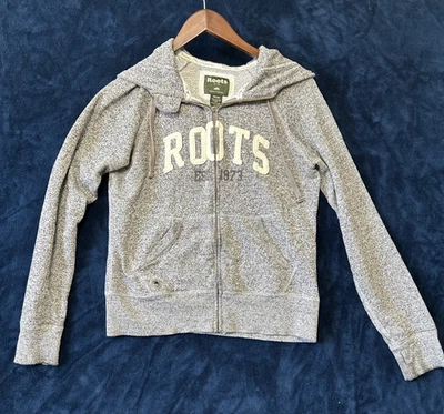 Roots Canada Womens Hooded Sweatshirt Size M Full Zip Gray Spellout Letters Y2K - Image 1 of 4