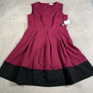 Vestido Liz Claiborne Mujer 16 Borgoña Negro Ajuste y Acampanado Plisado Bloque de Color NUEVO - Imagen 1 de 13