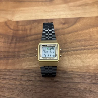80s Retro Style SKMEI Digital Watch World Time Water Resistant 3ATM Gold Black - Image 1 of 4