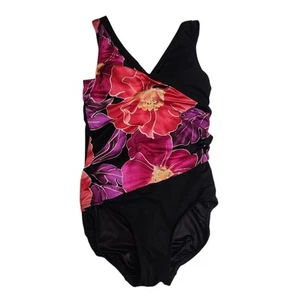 Amoena One Piece Swimsuit Size 10 Floral Black Pink And Coral - Picture 1 of 8