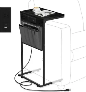C Shaped End Table with Charging Station, Small Side Table with Storage Bag - Picture 1 of 7