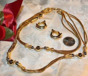 VTG GOLD TONE &SILVER TONE SNAKE CHAIN & BEAD NECKLACE+POST HALF HOOP EARRING - Picture 1 of 4