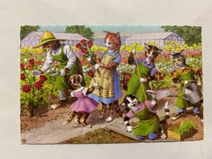 Vintage Alfred Mainzer Katzen Kätzchen Farbdruck Postkarte Belgien 4927 Gartenarbeit - Bild 1 von 2