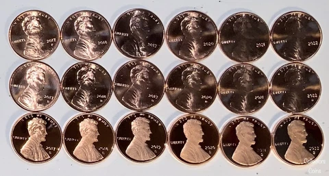 2017 - 2019, 2020 - 2022 18 Coin Lincoln Cent PDS Set wUncirc PD & Proof S Cover
