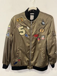 ZARA JACKET WOMENS SIZE LARGE TRF OUTERWEAR BOMBER UTILIY OLIVE GREEN PATCHES - Picture 1 of 7